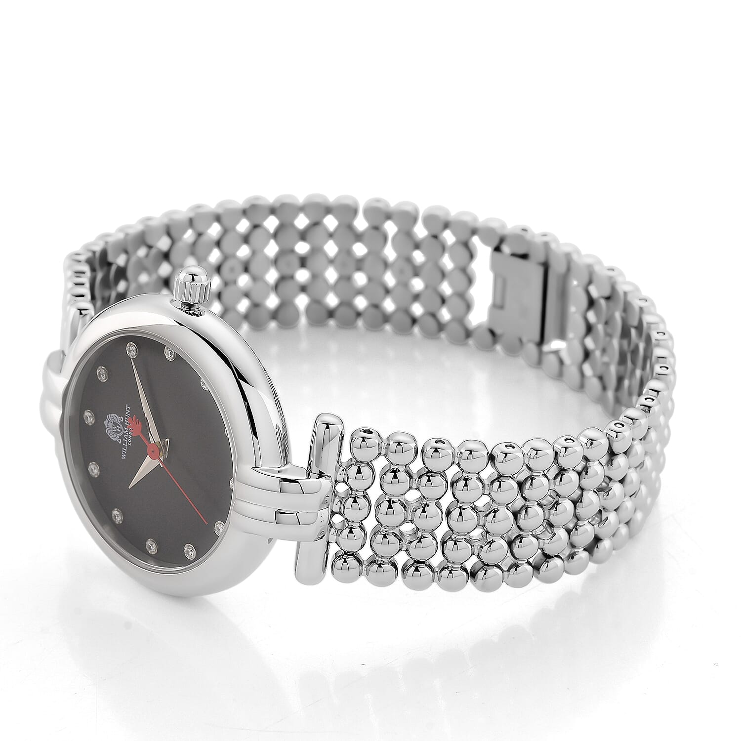 WILLIAM HUNT Ronda 763 Swiss Quartz 5ATM WR Black & Diamond Dial & Silver Case Ladies Watch with Silver Stainless Steel Strap