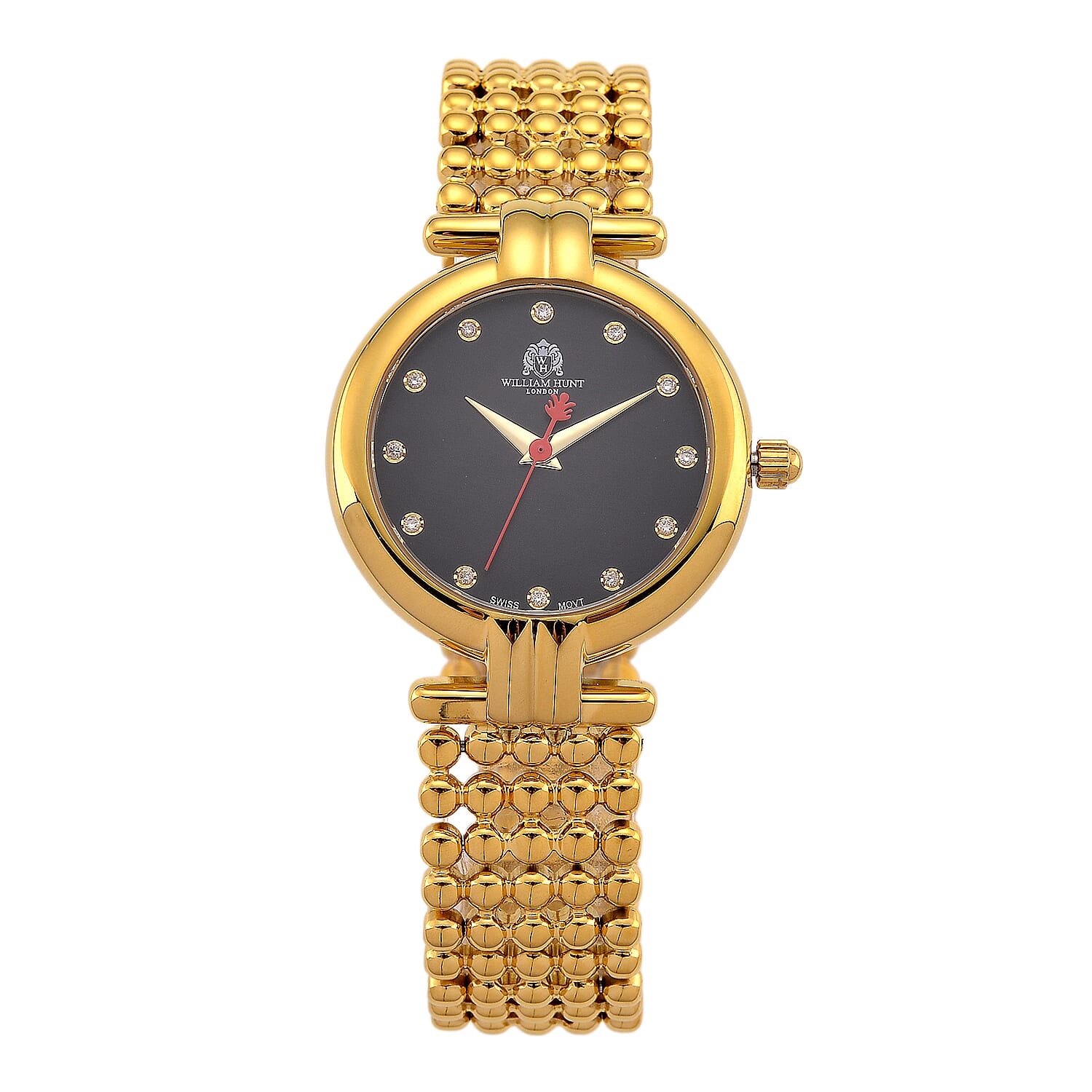 WILLIAM HUNT Ronda 763 Swiss Quartz 5ATM WR Black & Diamond Dial & Gold Case Ladies Watch with Gold Stainless Steel Strap