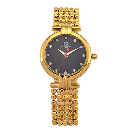 WILLIAM HUNT Ronda 763 Swiss Quartz 5ATM WR Black & Diamond Dial & Gold Case Ladies Watch with Gold Stainless Steel Strap