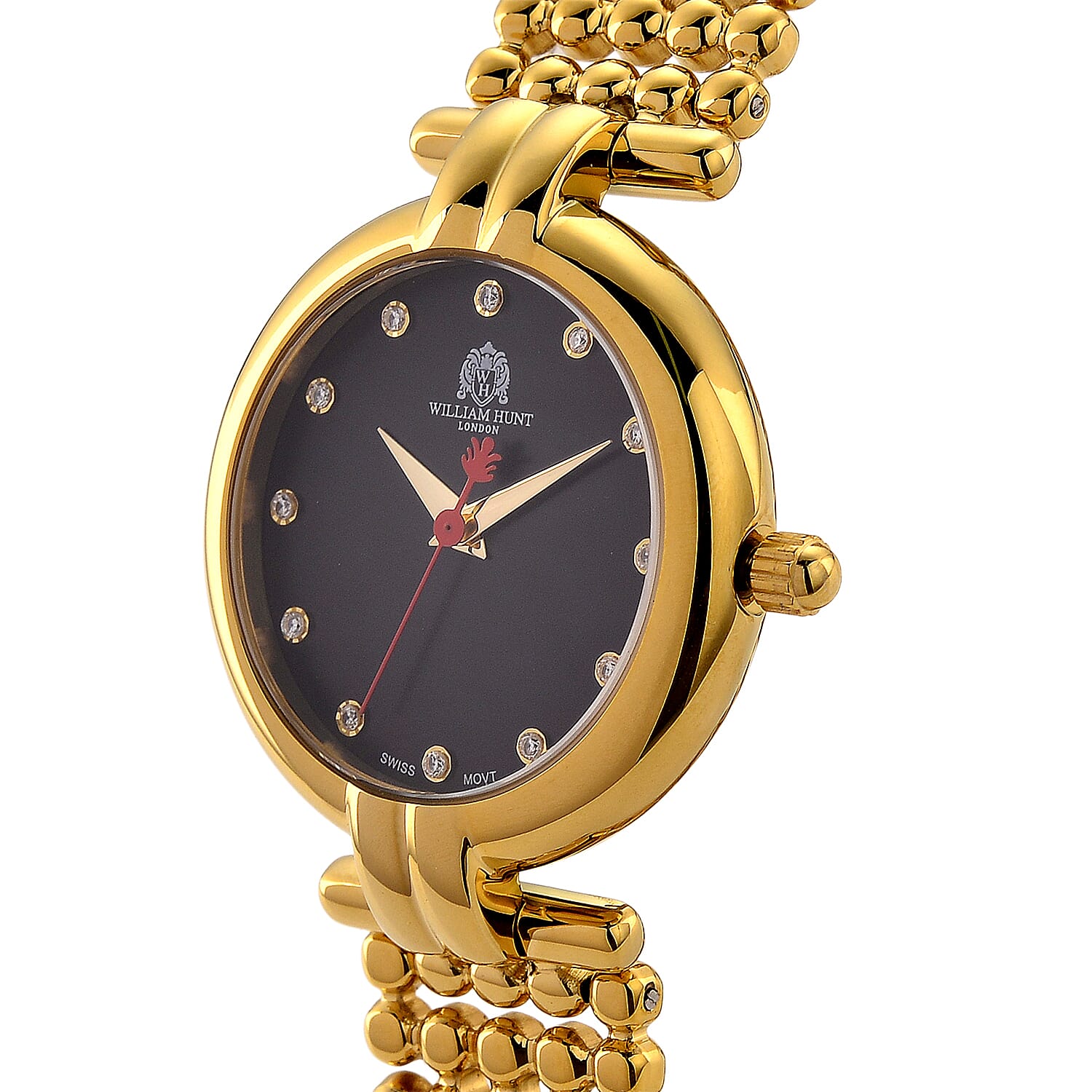 WILLIAM HUNT Ronda 763 Swiss Quartz 5ATM WR Black & Diamond Dial & Gold Case Ladies Watch with Gold Stainless Steel Strap