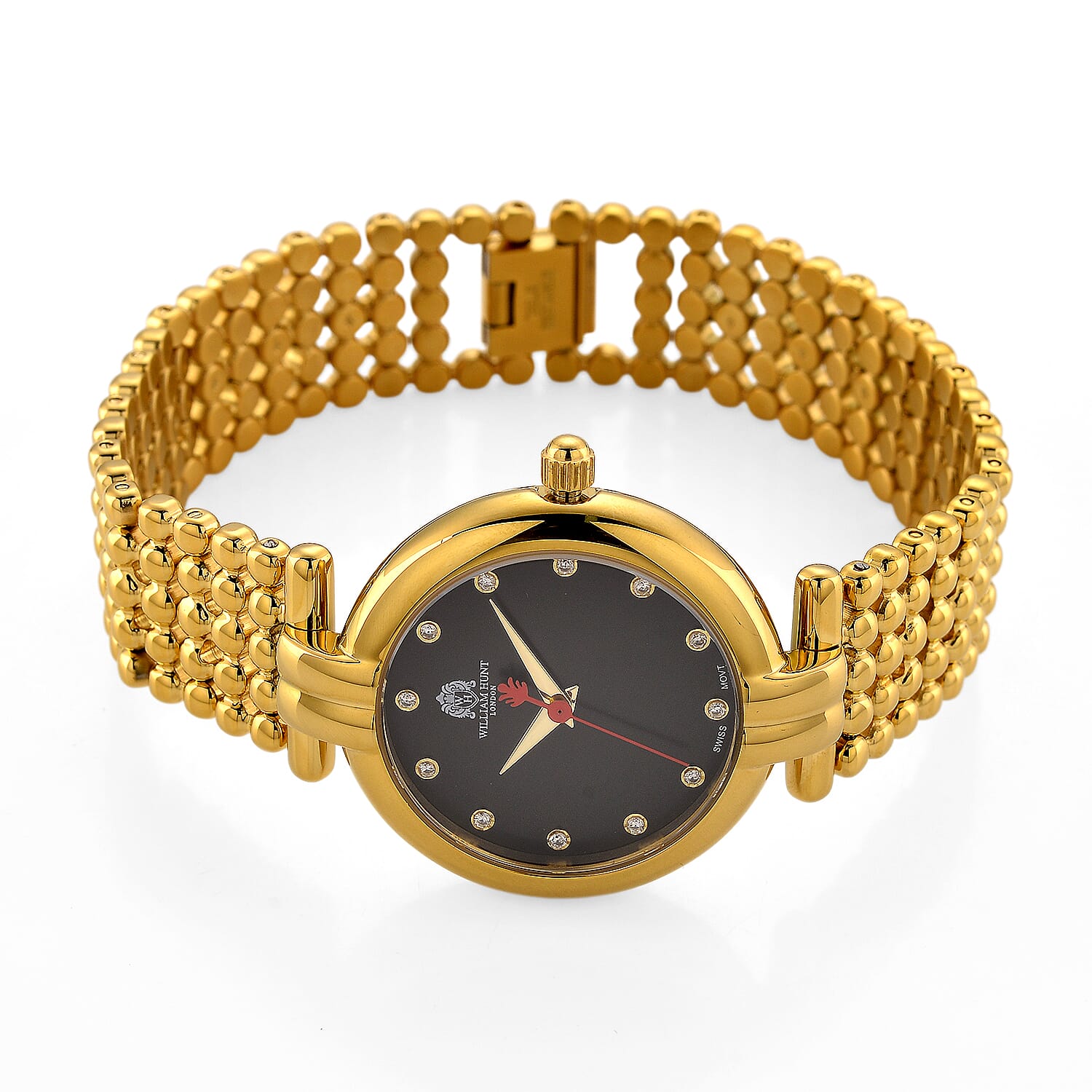 WILLIAM HUNT Ronda 763 Swiss Quartz 5ATM WR Black & Diamond Dial & Gold Case Ladies Watch with Gold Stainless Steel Strap