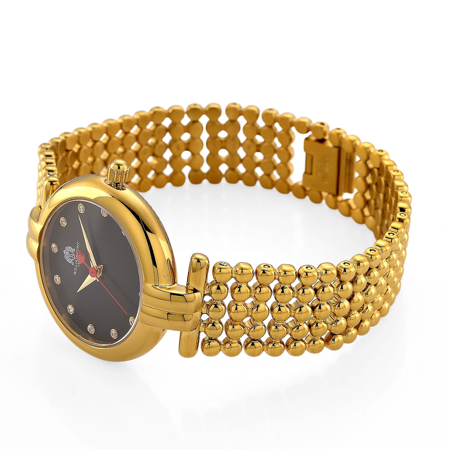 WILLIAM HUNT Ronda 763 Swiss Quartz 5ATM WR Black & Diamond Dial & Gold Case Ladies Watch with Gold Stainless Steel Strap