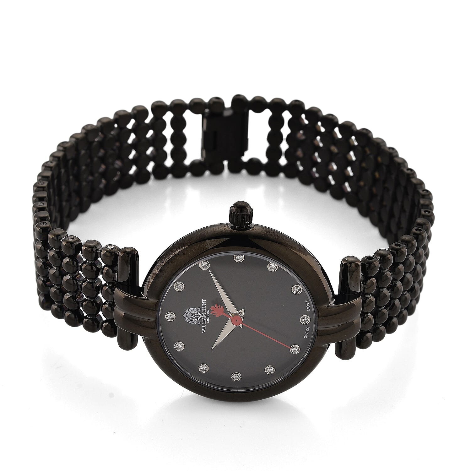 WILLIAM HUNT Ronda 763 Swiss Quartz 5ATM WR Black & Diamond Dial & Black Case Ladies Watch with Black Stainless Steel Strap