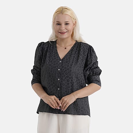 - Maisi V-Neck Long Cuffed Sleeve Top (Size M) - Black