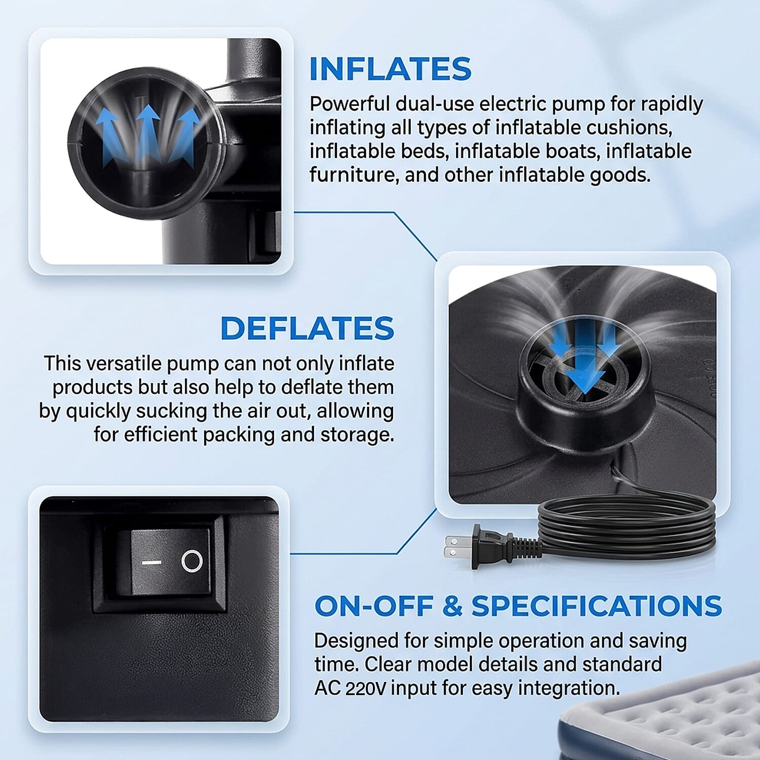 Multi-Purpose 50W High-Volume AC Electric Air Pump - 400L-Min 0.7Psi Fast Air Pump for Mattresses Pools Toys - Black