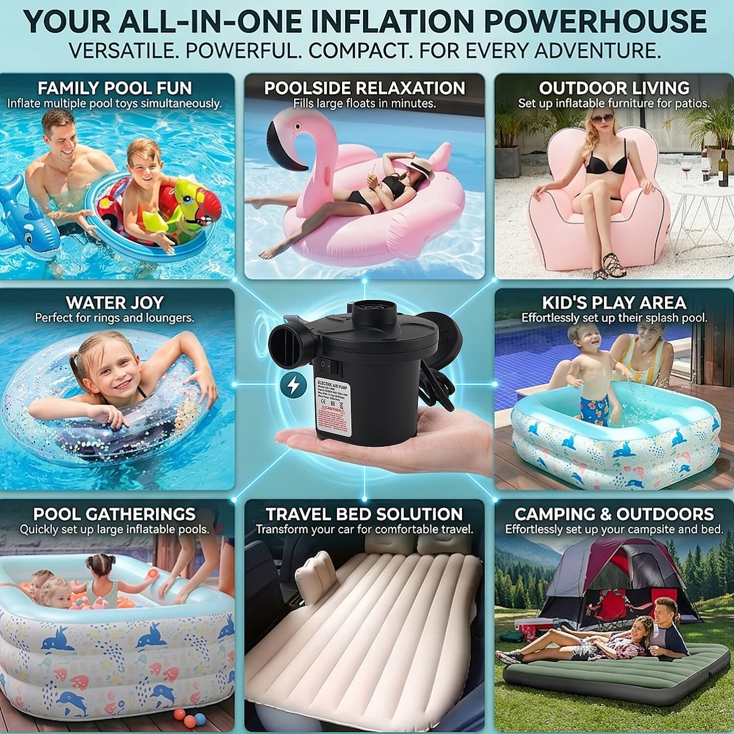 Multi-Purpose 50W High-Volume AC Electric Air Pump - 400L-Min 0.7Psi Fast Air Pump for Mattresses Pools Toys - Black