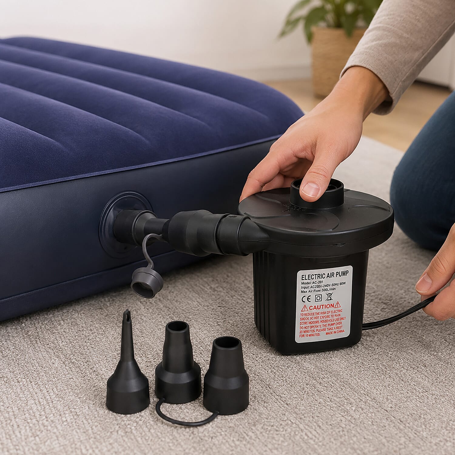 Multi-Purpose 50W High-Volume AC Electric Air Pump - 400L-Min 0.7Psi Fast Air Pump for Mattresses Pools Toys - Black