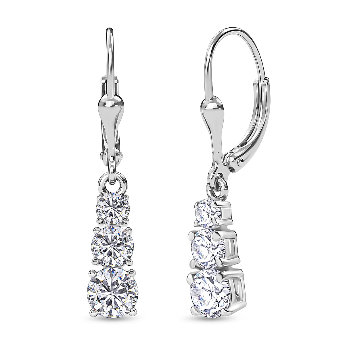 D'Joy Moissanite Trilogy Earrings with Lever Backs in Platinum Overlay Sterling Silver 1.64 Ct.