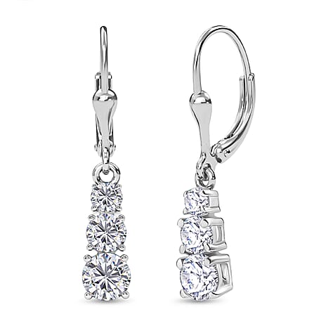 D'Joy Moissanite Trilogy Earrings with Lever Backs in Platinum Overlay Sterling Silver 1.64 Ct.
