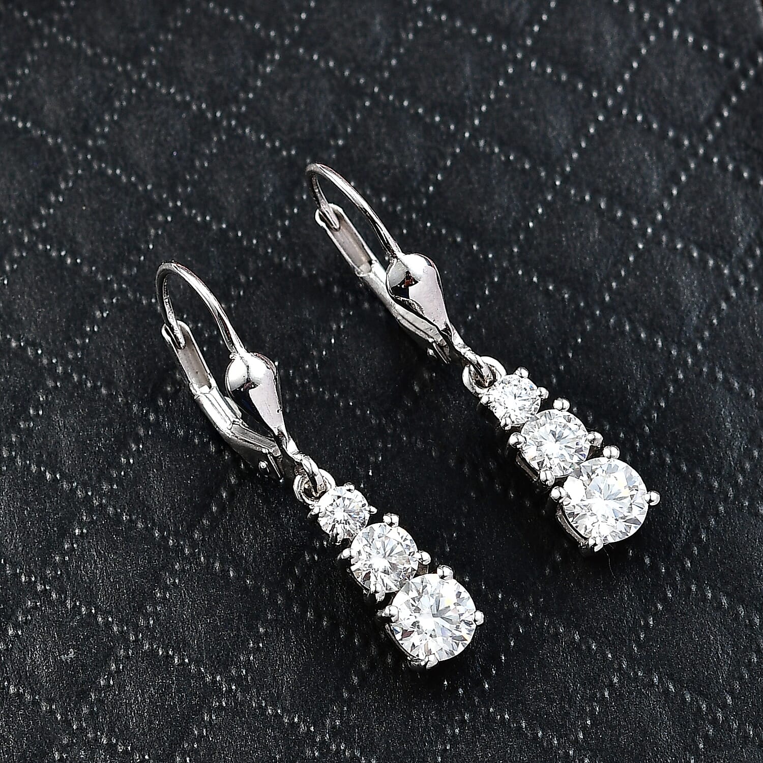 D'Joy Moissanite Trilogy Earrings with Lever Backs in Platinum Overlay Sterling Silver 1.64 Ct.