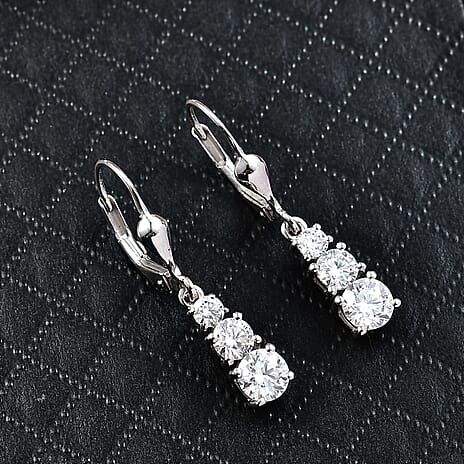 D'Joy Moissanite Trilogy Earrings with Lever Backs in Platinum Overlay Sterling Silver 1.64 Ct.