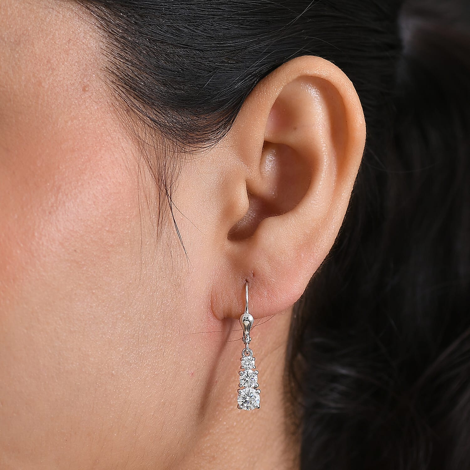 D'Joy Moissanite Trilogy Earrings with Lever Backs in Platinum Overlay Sterling Silver 1.64 Ct.