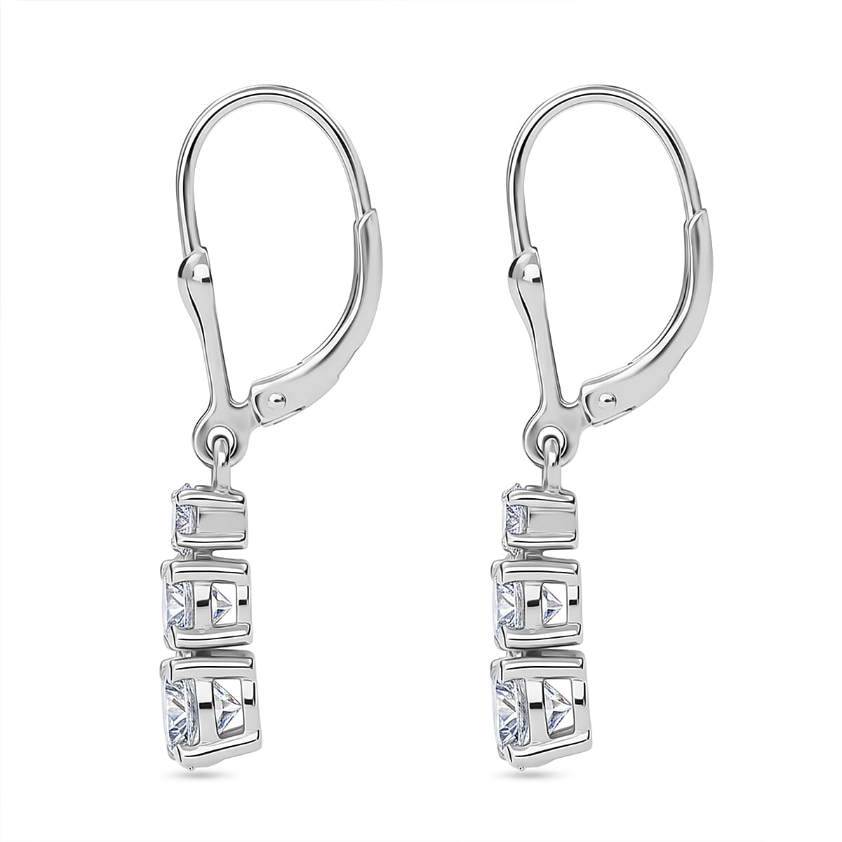 D'Joy Moissanite Trilogy Earrings with Lever Backs in Platinum Overlay Sterling Silver 1.64 Ct.