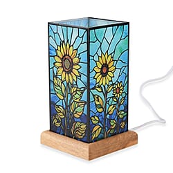 Sunflower Cosmic Stained Painted LED Table Lamp with Ash Wood Base - USB Powered Night Light (17.5cm) - Multicolour