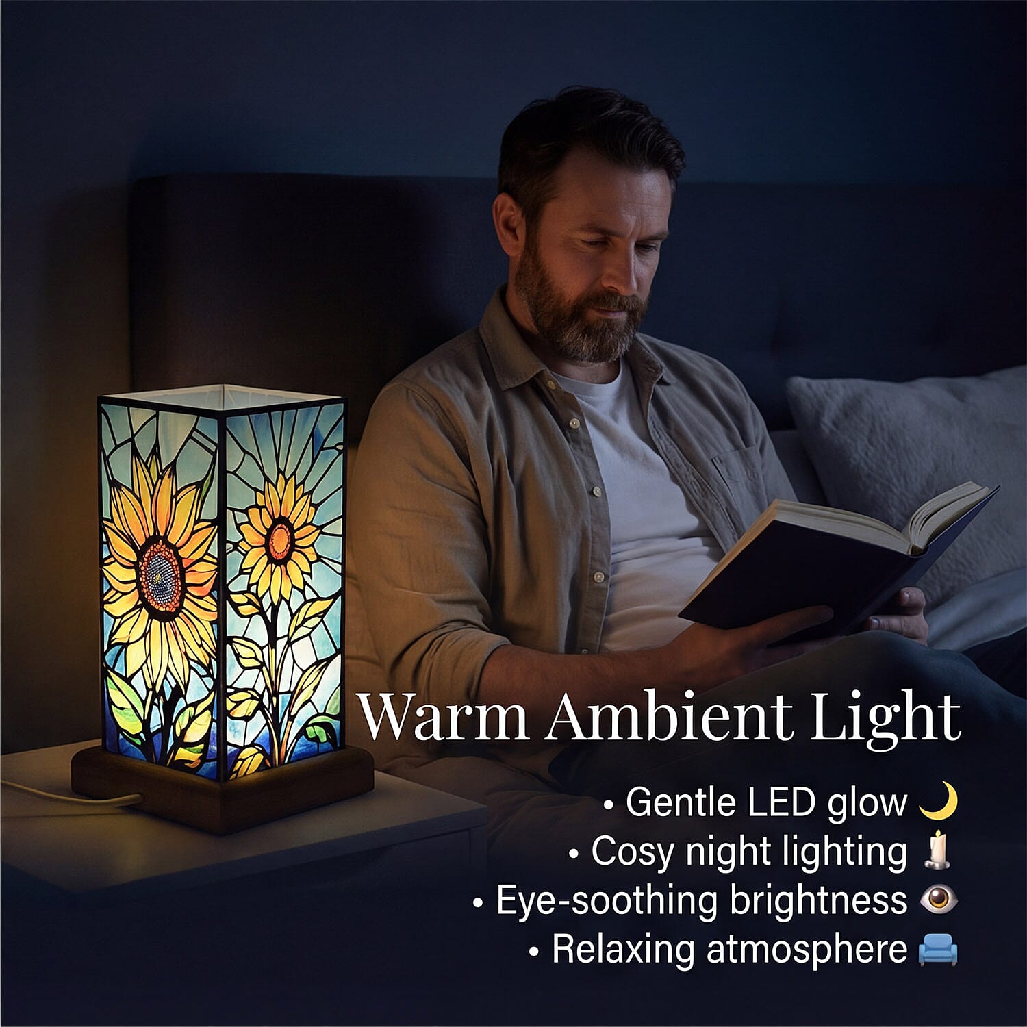 Sunflower Cosmic Stained Painted LED Table Lamp with Ash Wood Base - USB Powered Night Light (17.5cm) - Multicolour