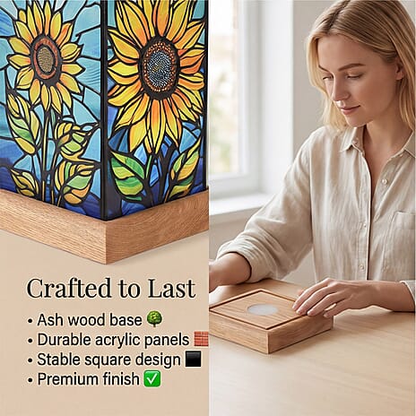 Sunflower Cosmic Stained Painted LED Table Lamp with Ash Wood Base - USB Powered Night Light (17.5cm) - Multicolour