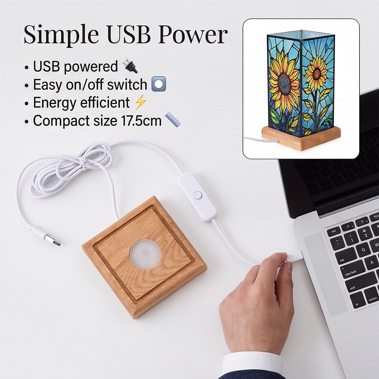 Sunflower Cosmic Stained Painted LED Table Lamp with Ash Wood Base - USB Powered Night Light (17.5cm) - Multicolour