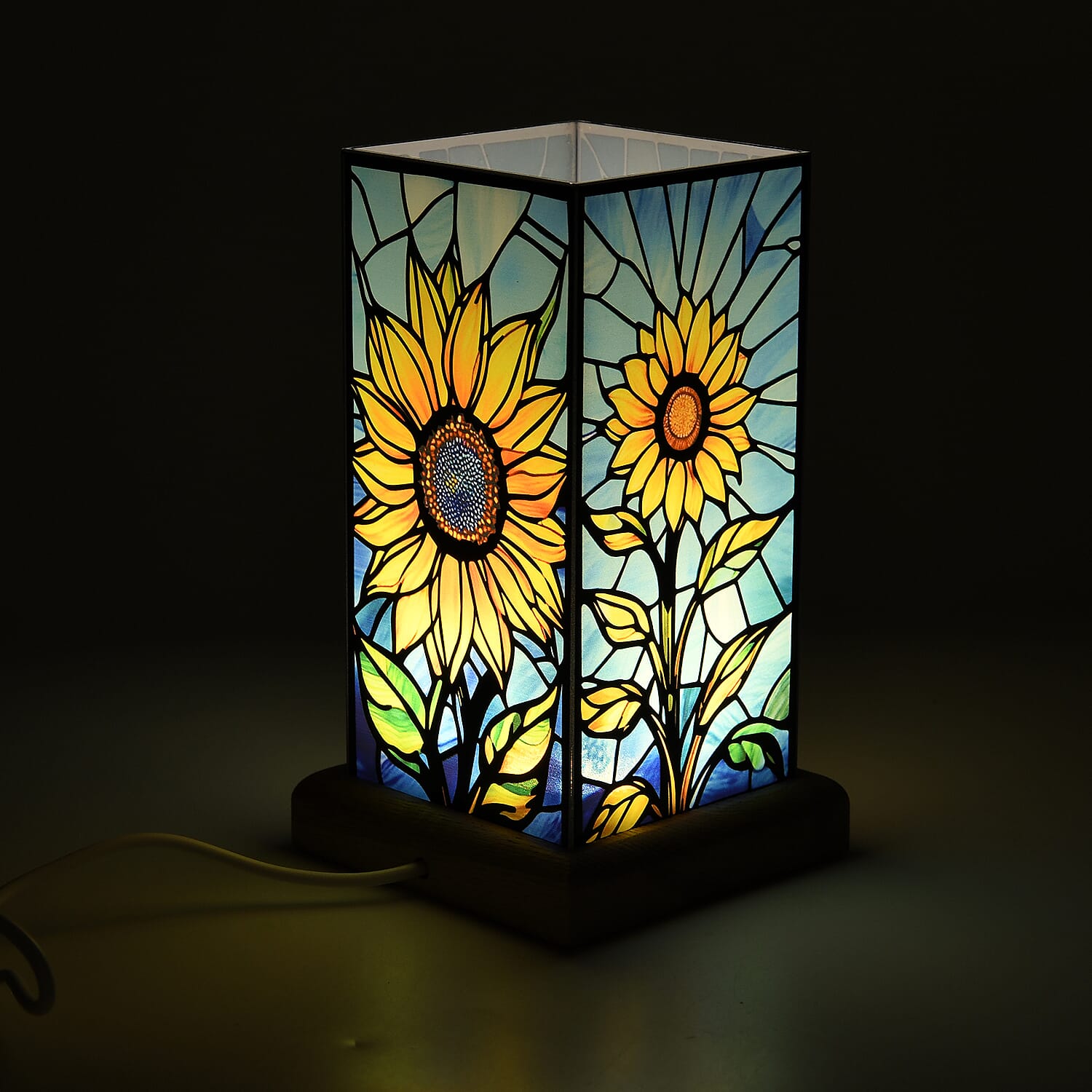 Sunflower Cosmic Stained Painted LED Table Lamp with Ash Wood Base - USB Powered Night Light (17.5cm) - Multicolour