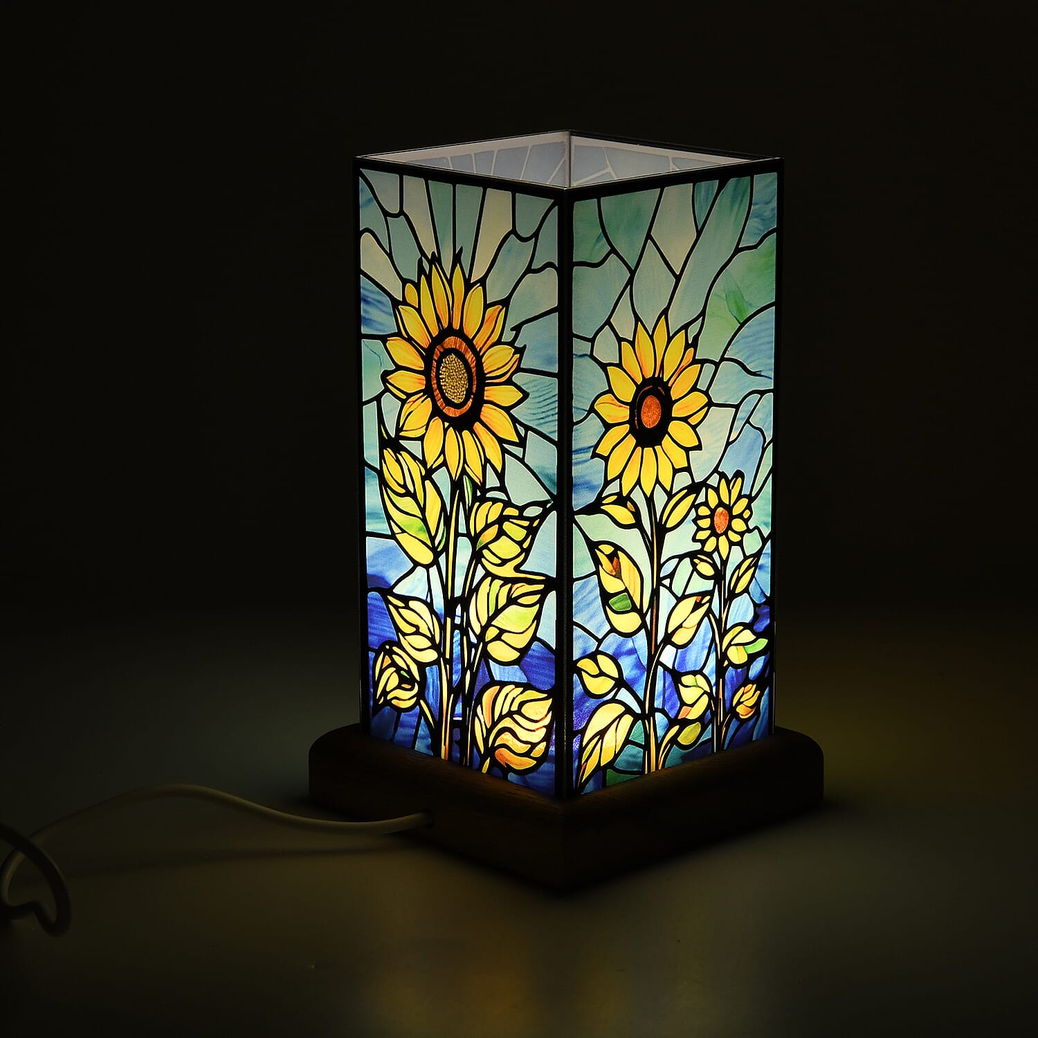 Sunflower Cosmic Stained Painted LED Table Lamp with Ash Wood Base - USB Powered Night Light (17.5cm) - Multicolour
