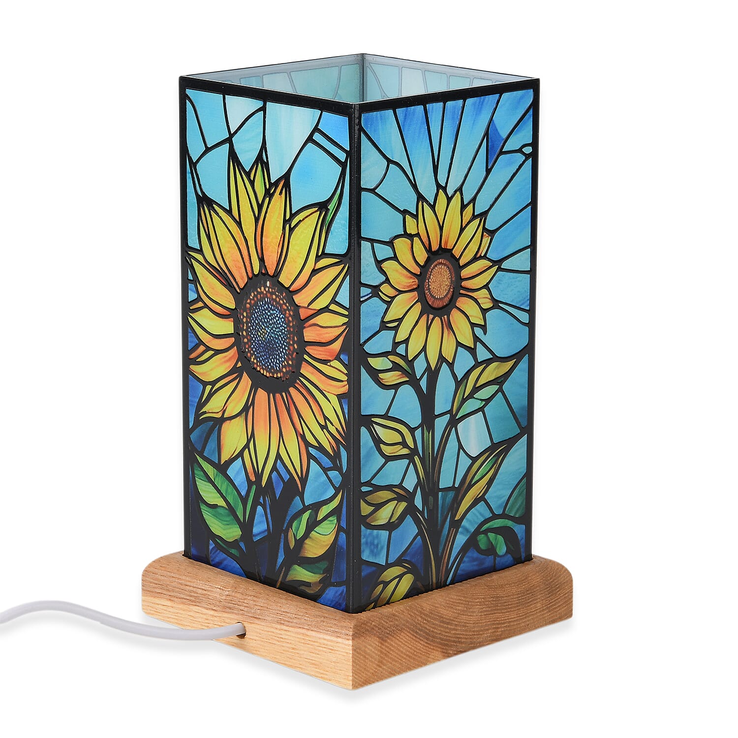 Sunflower Cosmic Stained Painted LED Table Lamp with Ash Wood Base - USB Powered Night Light (17.5cm) - Multicolour