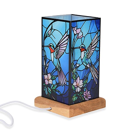Birds Stained Painted LED Table Lamp with Ash Wood Base - USB Powered Night Light (17.5cm) - Blue