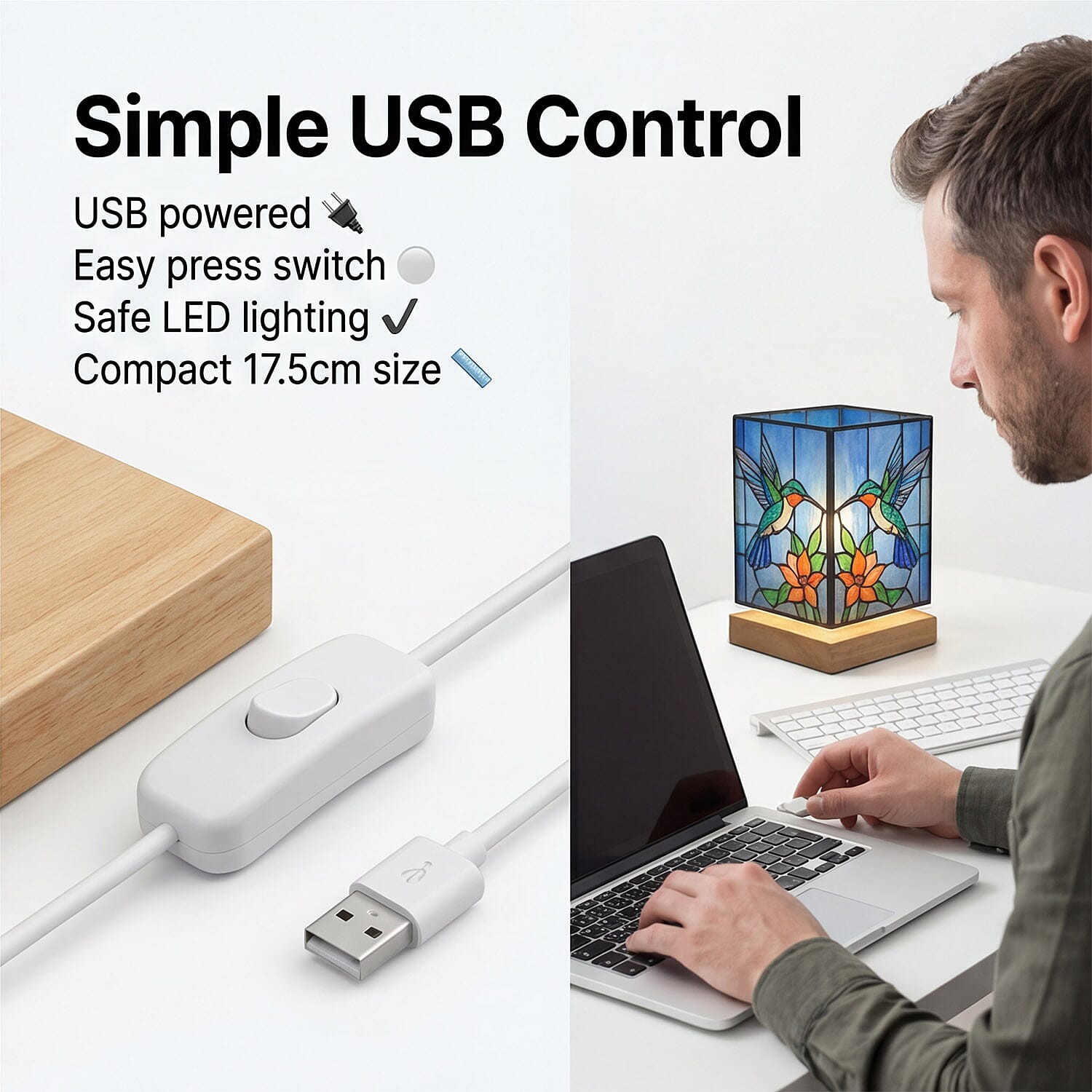 Birds Stained Painted LED Table Lamp with Ash Wood Base - USB Powered Night Light (17.5cm) - Blue