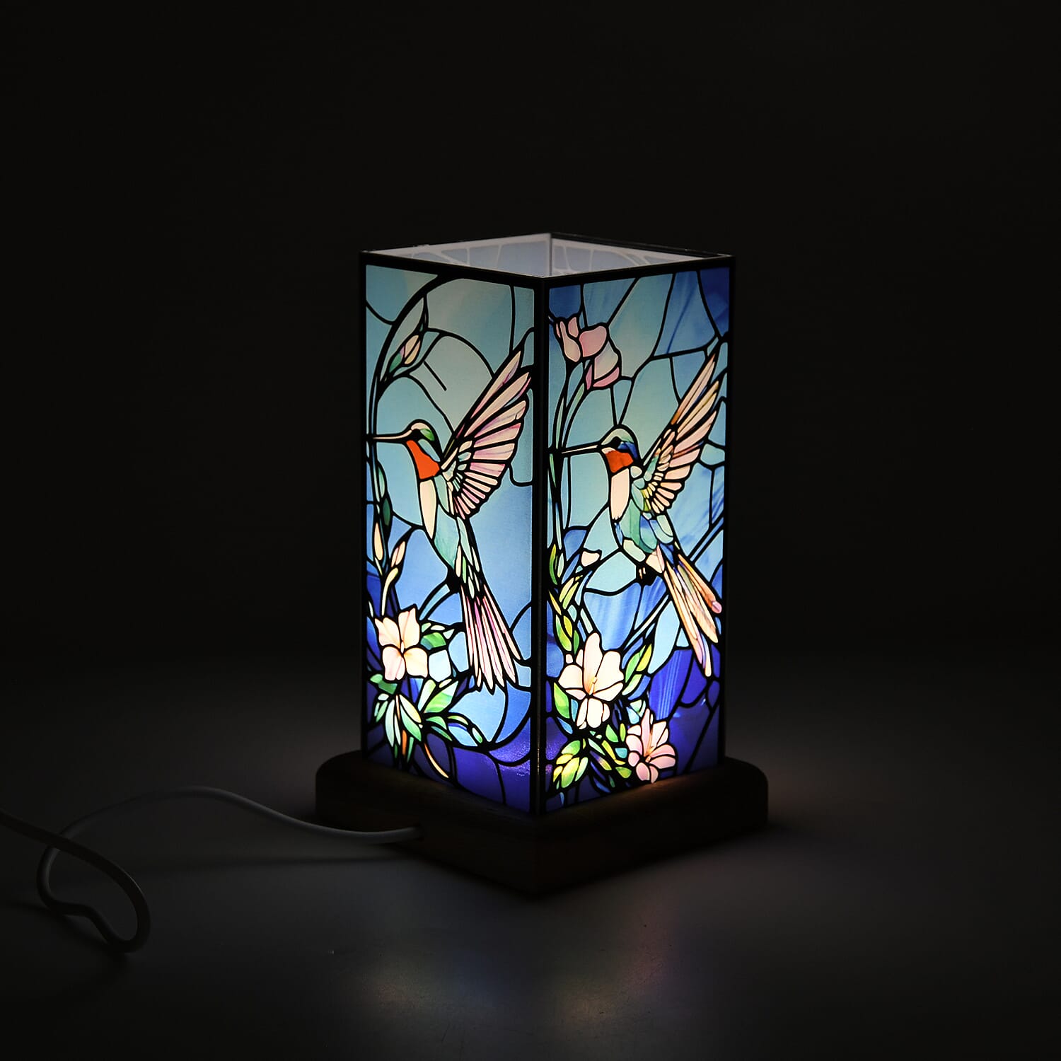 Birds Stained Painted LED Table Lamp with Ash Wood Base - USB Powered Night Light (17.5cm) - Blue