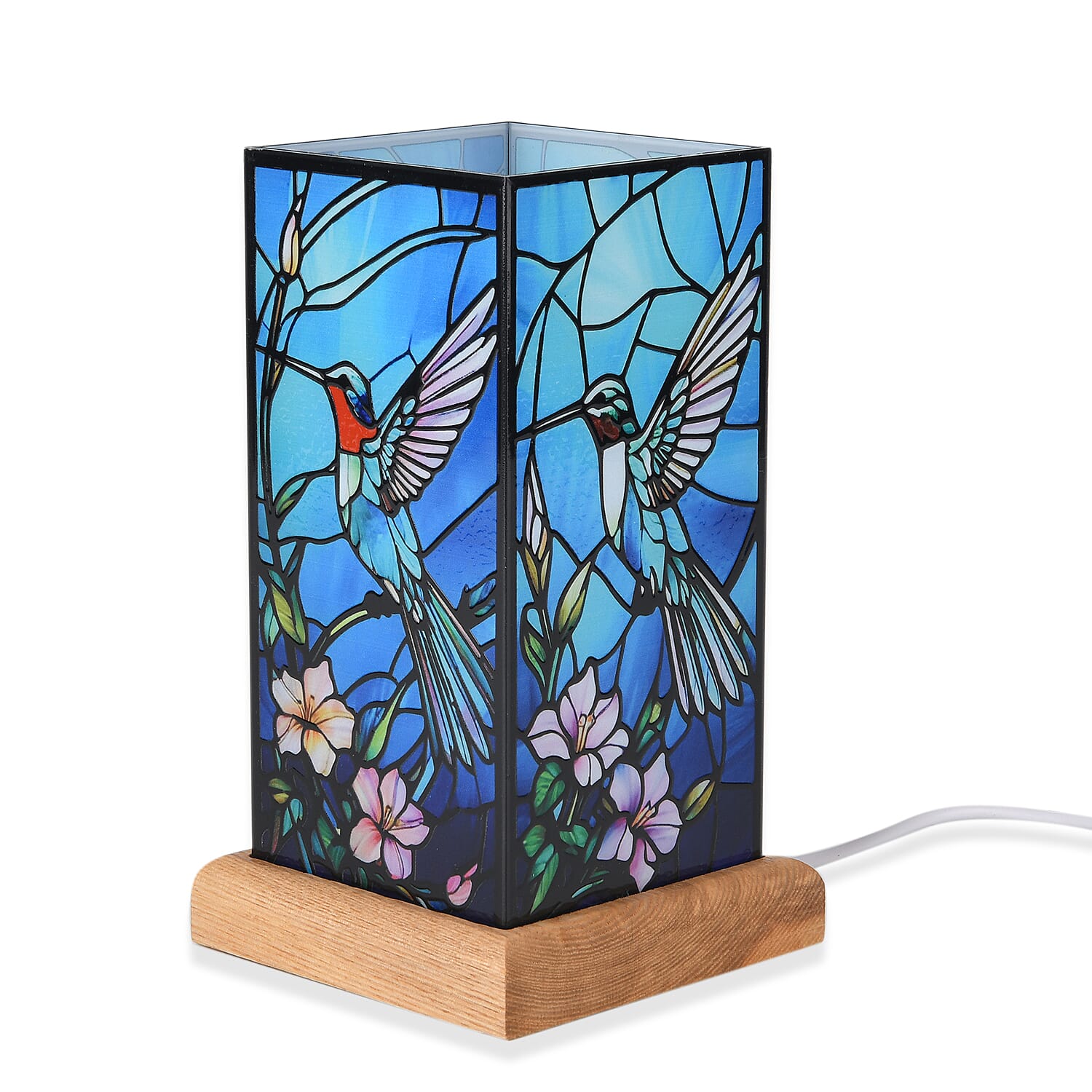 Birds Stained Painted LED Table Lamp with Ash Wood Base - USB Powered Night Light (17.5cm) - Blue