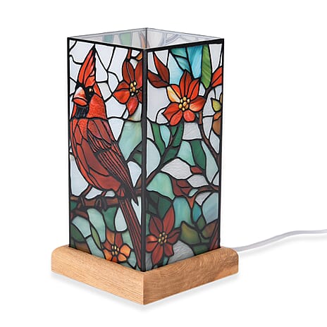 Bird Stained Painted LED Table Lamp with Ash Wood Base - USB Powered Night Light (17.5cm) - Red