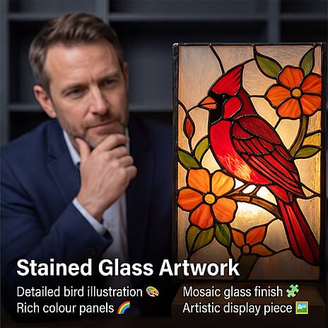 Bird Stained Painted LED Table Lamp with Ash Wood Base - USB Powered Night Light (17.5cm) - Red