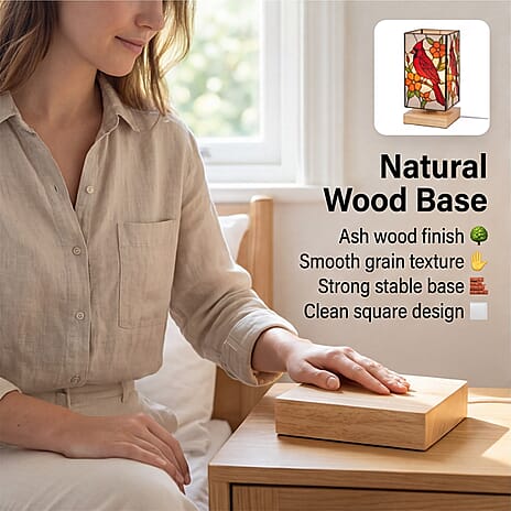 Bird Stained Painted LED Table Lamp with Ash Wood Base - USB Powered Night Light (17.5cm) - Red