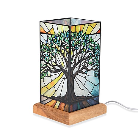 Tree Cosmic Stained Painted LED Table Lamp with Ash Wood Base - USB Powered Night Light (17.5cm) - Multicolour