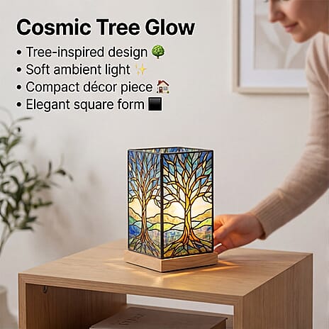Tree Cosmic Stained Painted LED Table Lamp with Ash Wood Base - USB Powered Night Light (17.5cm) - Multicolour