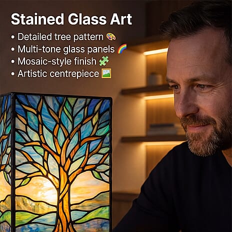 Tree Cosmic Stained Painted LED Table Lamp with Ash Wood Base - USB Powered Night Light (17.5cm) - Multicolour