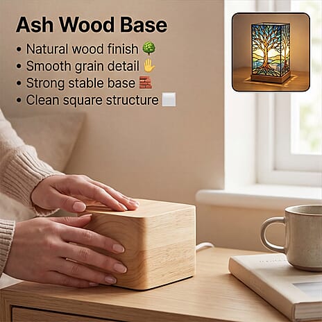 Tree Cosmic Stained Painted LED Table Lamp with Ash Wood Base - USB Powered Night Light (17.5cm) - Multicolour