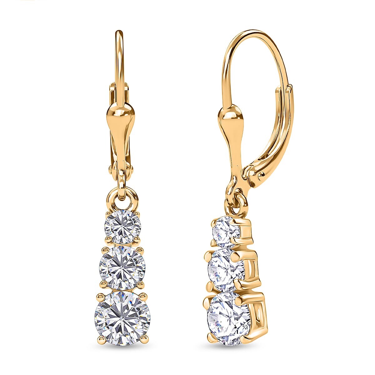 D'Joy Moissanite Trilogy Earrings with Lever Backs in Gold Overlay Sterling Silver 1.64 Ct.