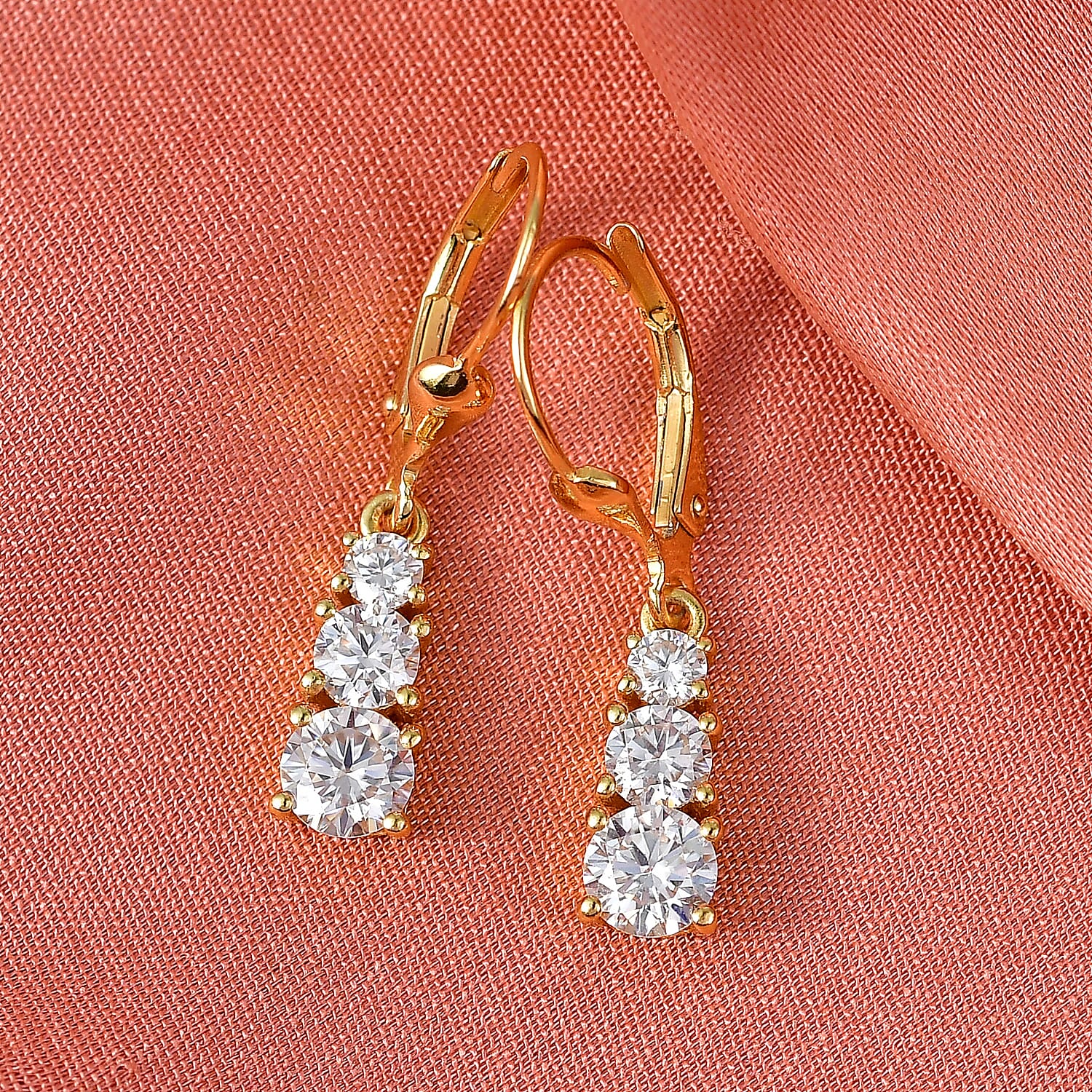 D'Joy Moissanite Trilogy Earrings with Lever Backs in Gold Overlay Sterling Silver 1.64 Ct.