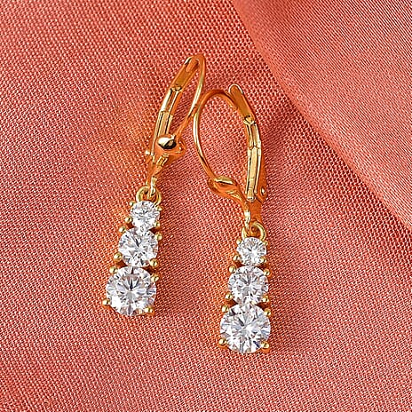 D'Joy Moissanite Trilogy Earrings with Lever Back in Yellow Gold Plated Sterling Silver 1.64 Ct.