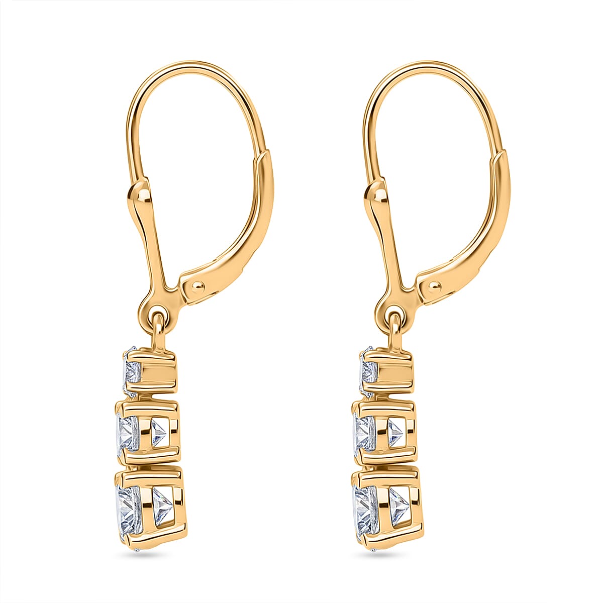 D'Joy Moissanite Trilogy Earrings with Lever Backs in Gold Overlay Sterling Silver 1.64 Ct.