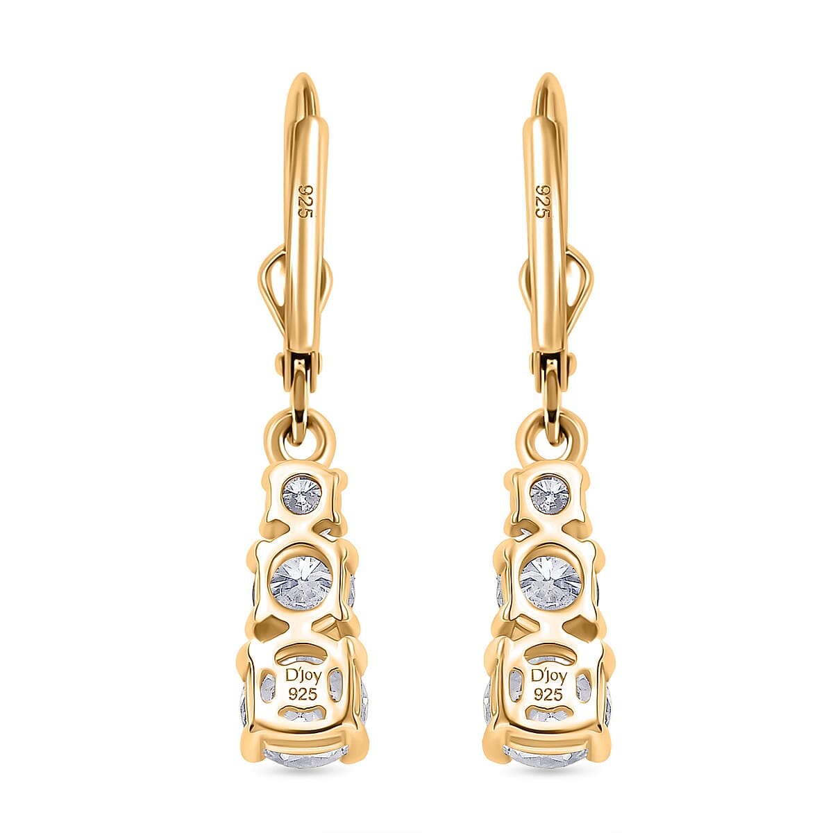 D'Joy Moissanite Trilogy Earrings with Lever Backs in Gold Overlay Sterling Silver 1.64 Ct.
