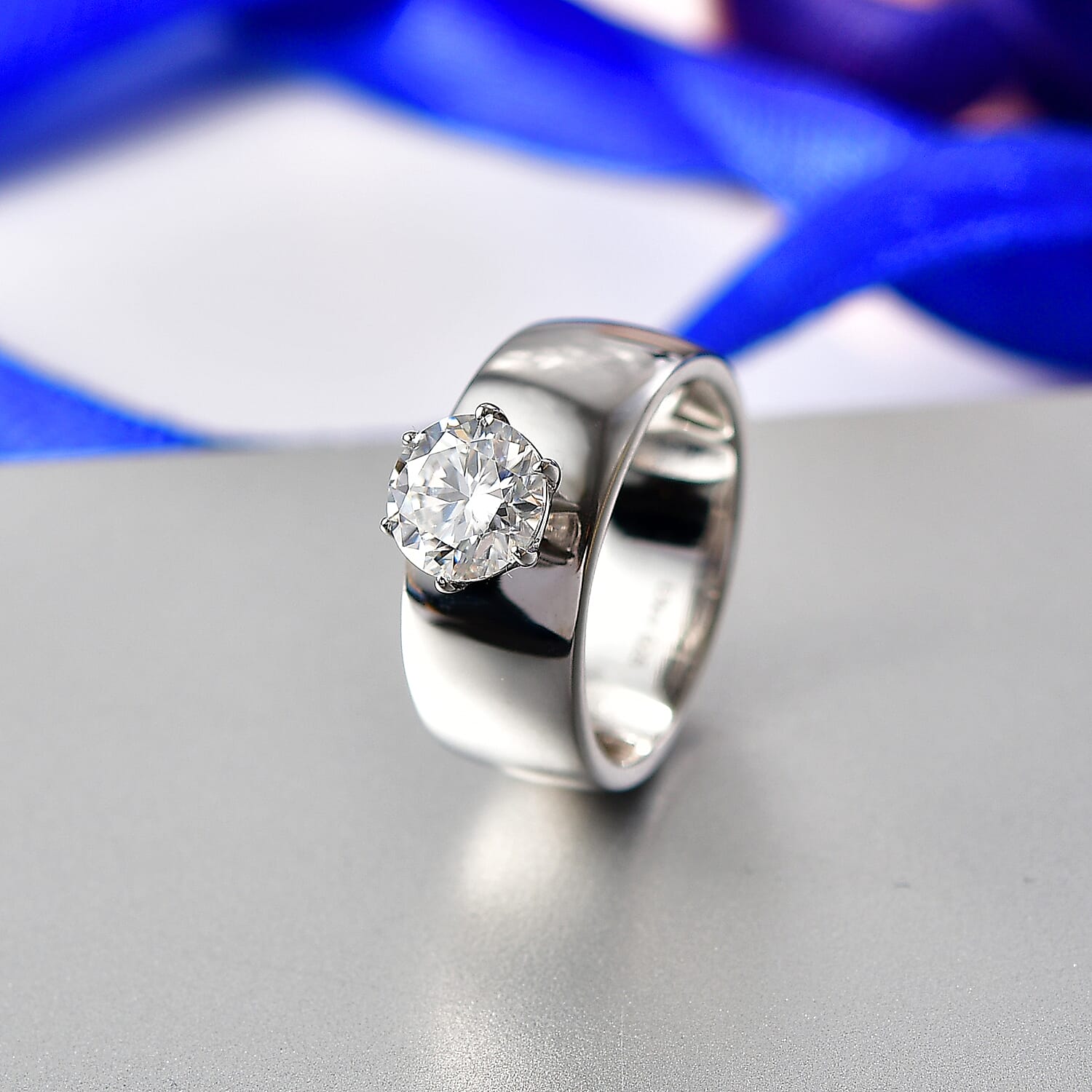 D'Joy Moissanite Band Solitaire Ring in Rhodium Overlay Sterling Silver 1.20 Ct.