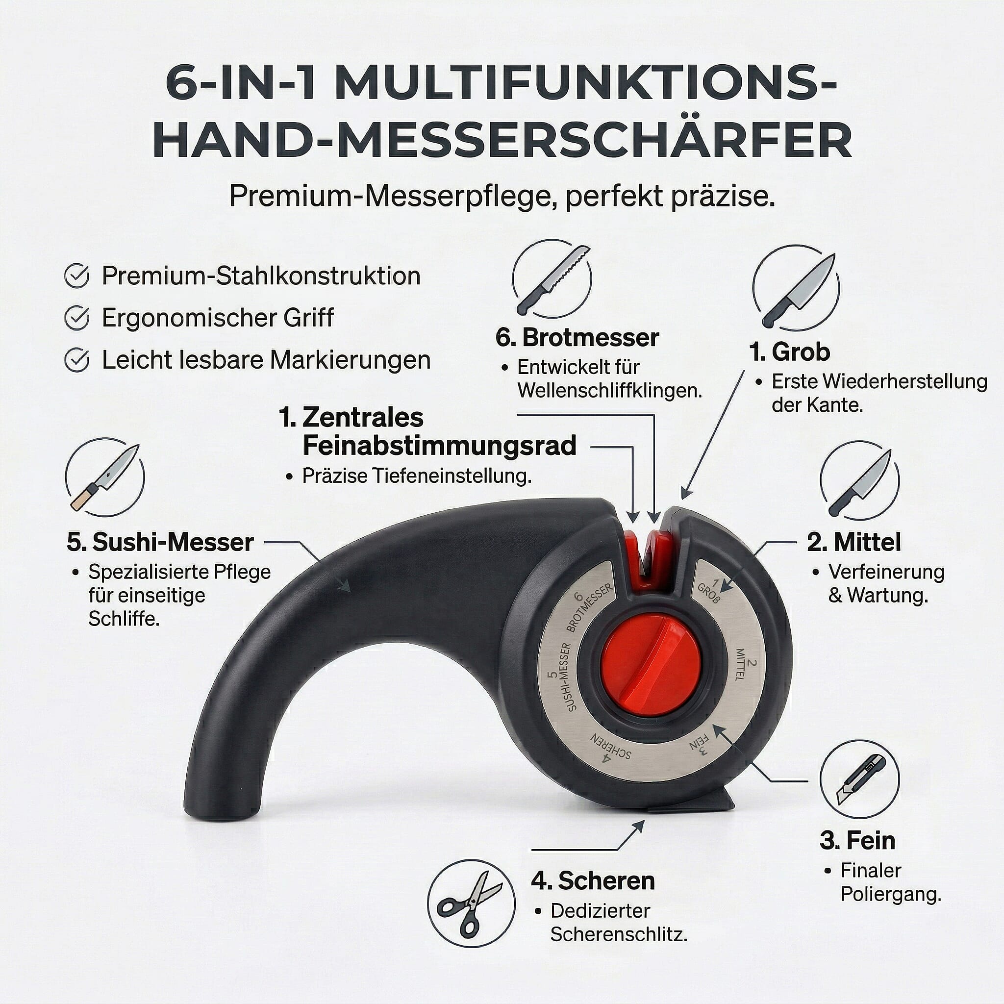 6-in-1 Multifunction Manual Knife Sharpener (185 x 44 x 93 mm) - Black