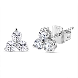 Moissanite Trilogy Cluster Stud Earring with Push Back in Platinum Overlay Sterling Silver