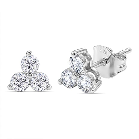 Moissanite Trilogy Cluster Stud Earring with Push Back in Platinum Overlay Sterling Silver