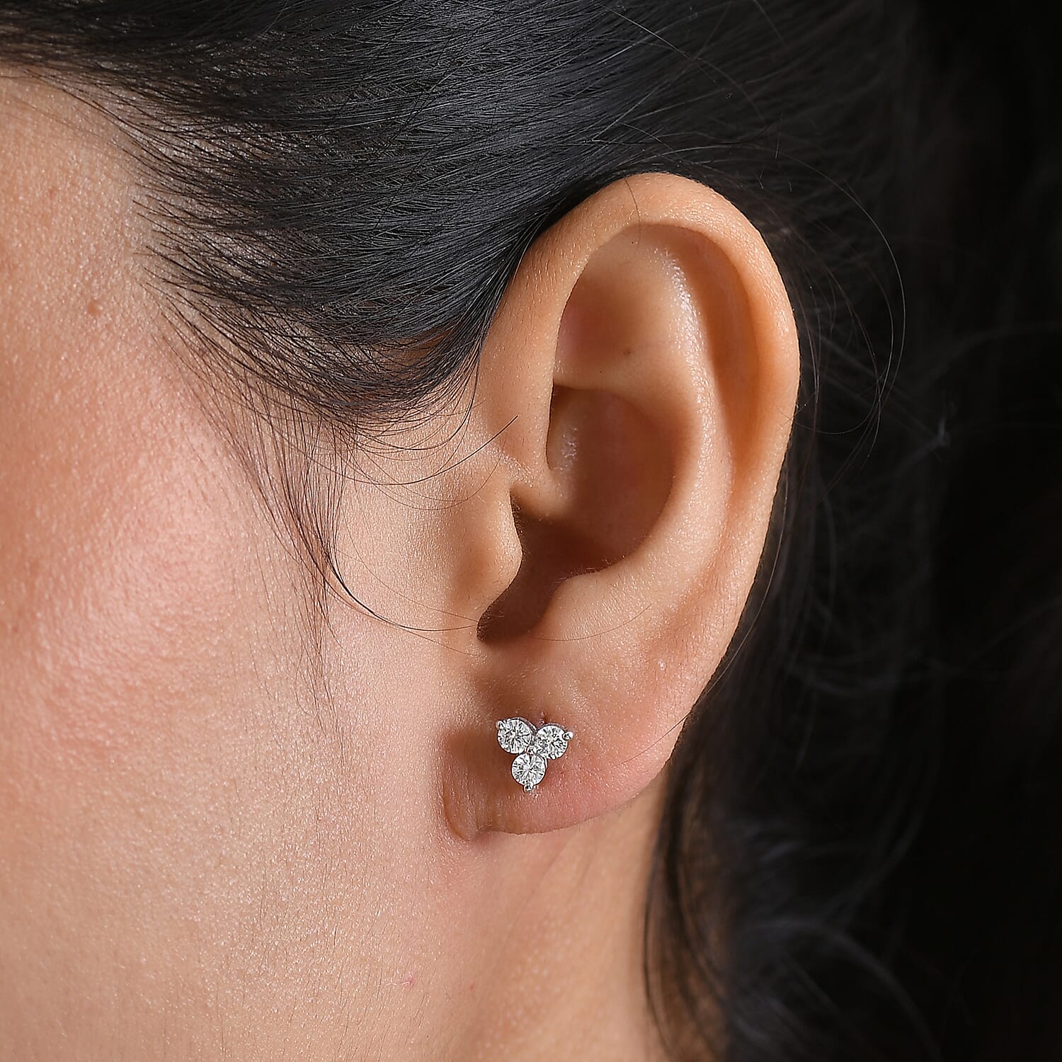 Moissanite Trilogy Cluster Stud Earring with Push Back in Platinum Overlay Sterling Silver