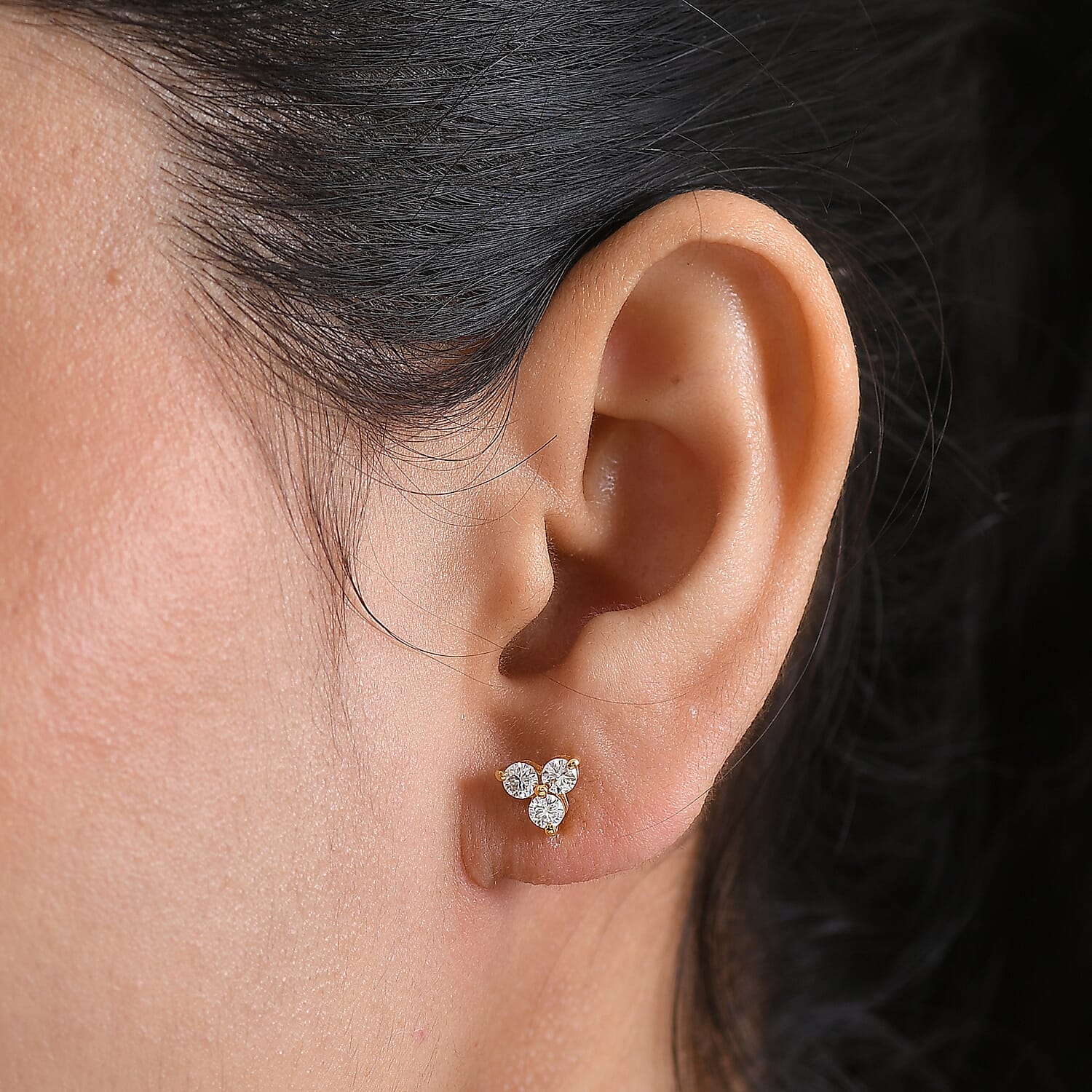 Moissanite Trilogy Cluster Stud Earring with Push Back in Yellow Gold Plated Sterling Silver