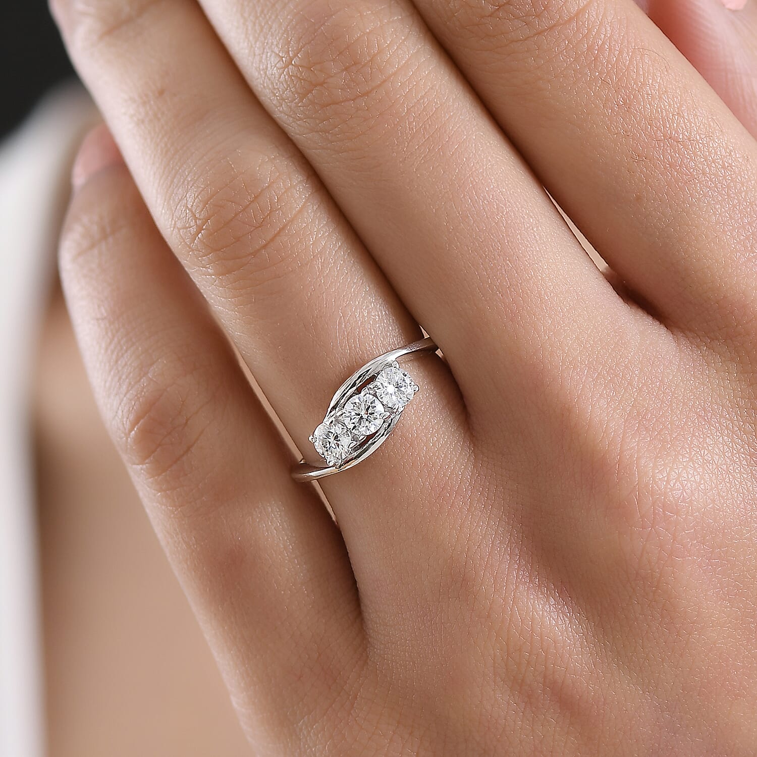 D'Joy Moissanite Trilogy Bypass Round Ring in Platinum Overlay Sterling Silver