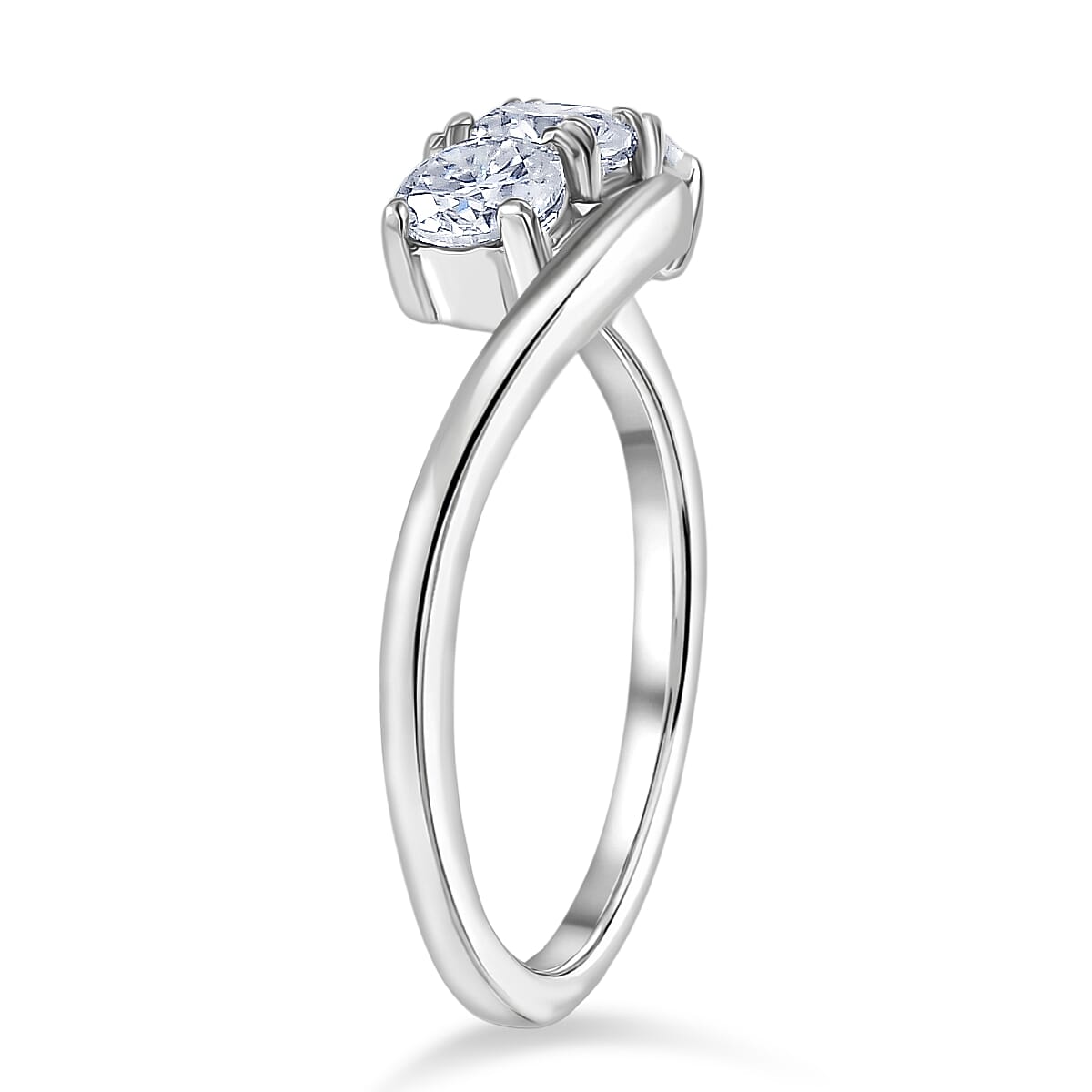 D'Joy Moissanite Trilogy Bypass Round Ring in Platinum Overlay Sterling Silver
