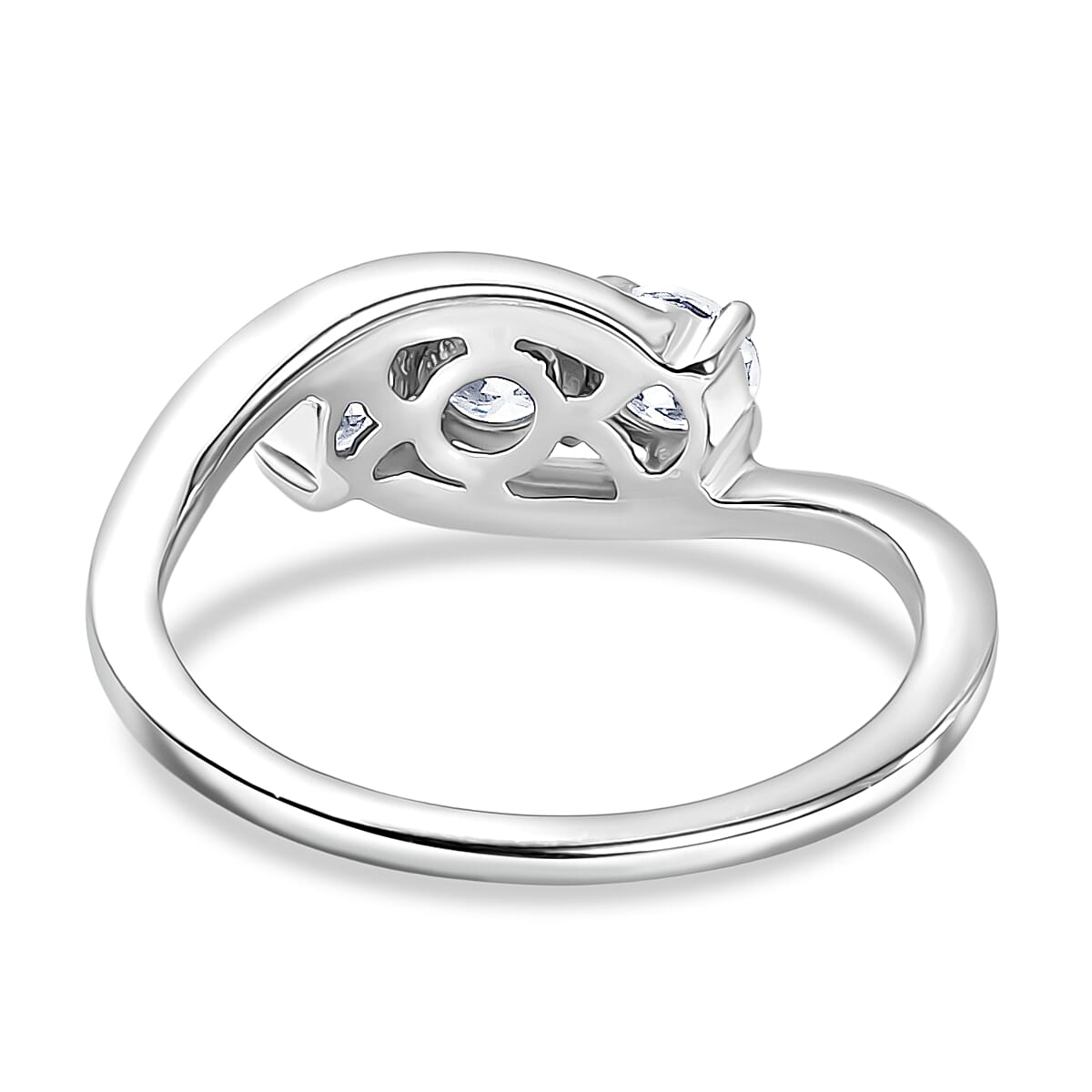 D'Joy Moissanite Trilogy Bypass Round Ring in Platinum Overlay Sterling Silver