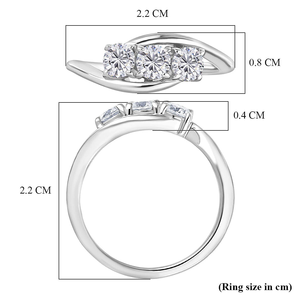 D'Joy Moissanite Trilogy Bypass Round Ring in Platinum Overlay Sterling Silver